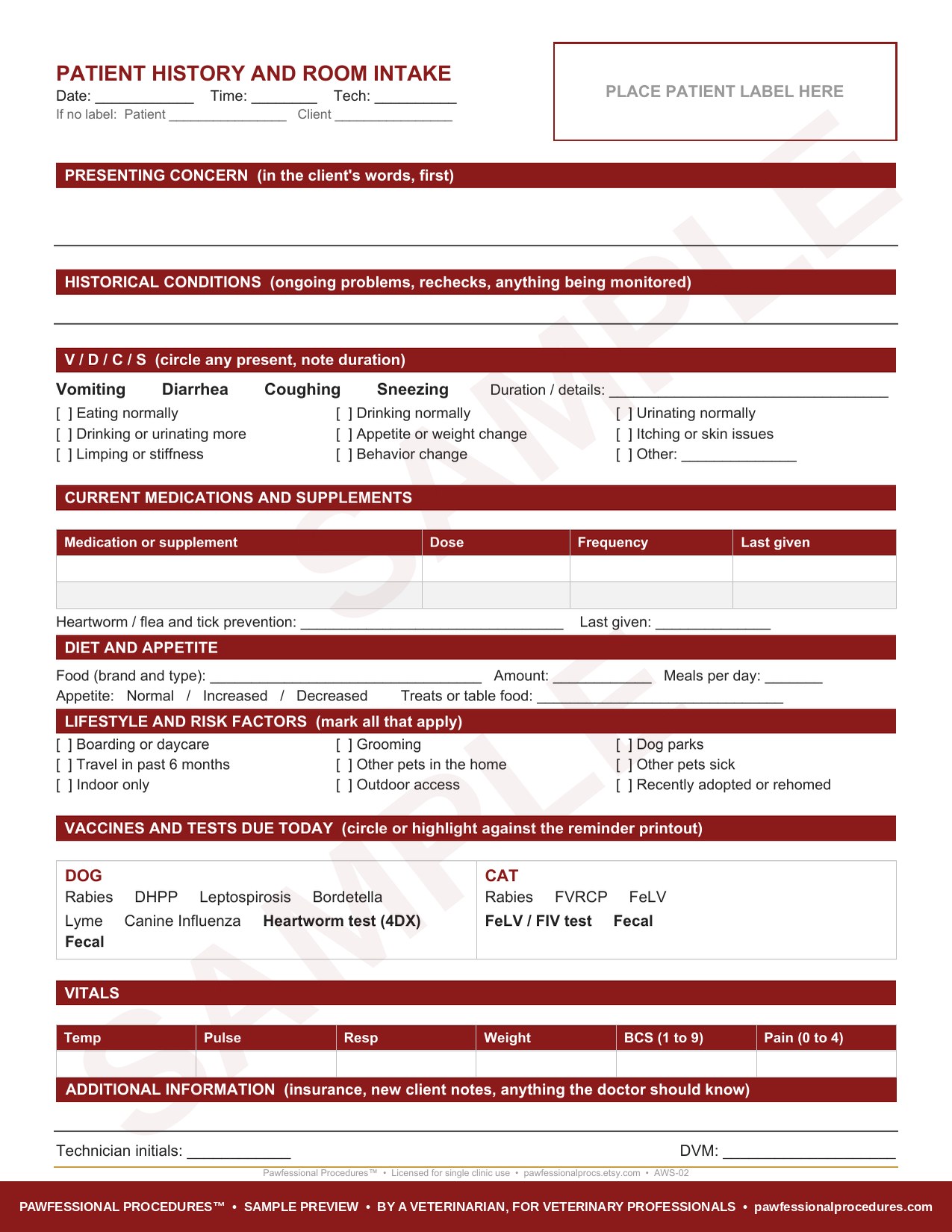 Patient history and room intake form